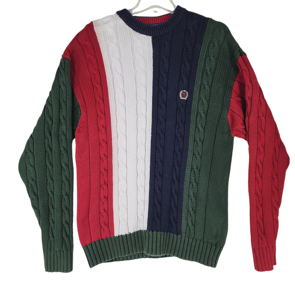 Vtg Tommy Hilfiger Cable Knit Sweater XL Men Stripe Green Blue Red Cotton READ